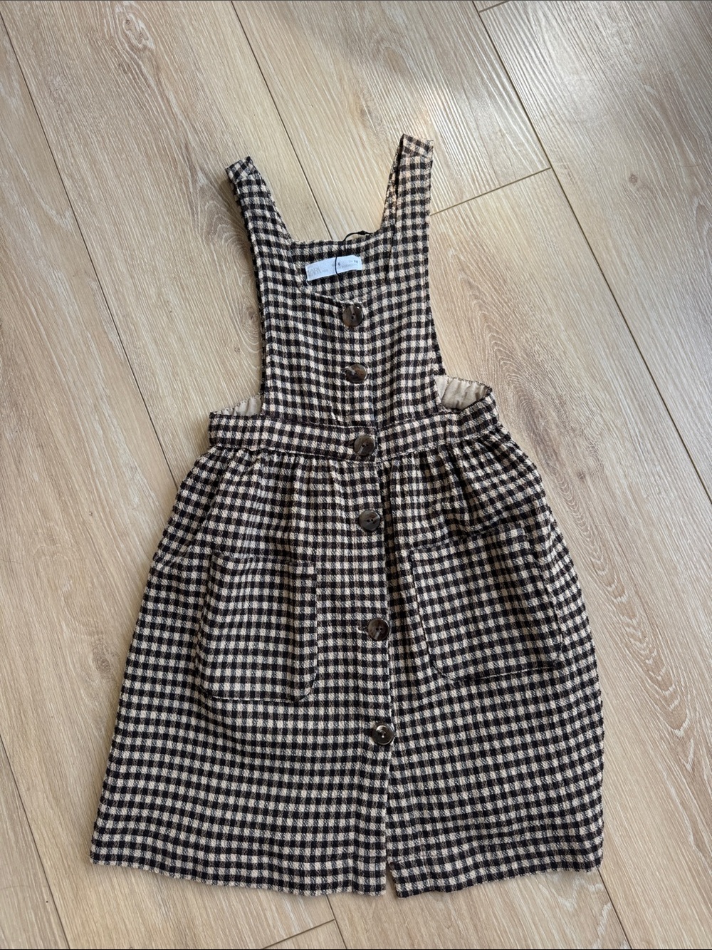 Zara Girls Brown & Cream Gingham Pinafore Dress